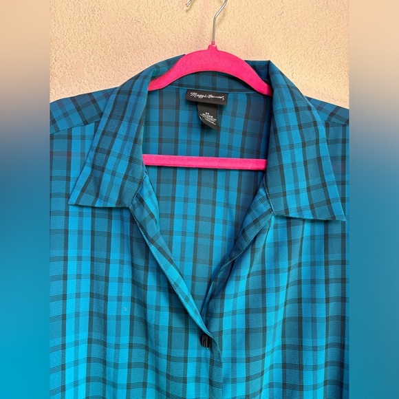 Maggie Barnes Teal Blue Black Plaid Check 3/4 Sleeve Button Up Blouse 2X 22/24W - Picture 7 of 7